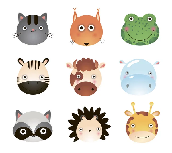 Cute cartoon animals, cat, fox, frog, giraffe, cow, hippo, zebra, raccoon.  Cartoon zoo of cute animals. - Stock Image - Everypixel