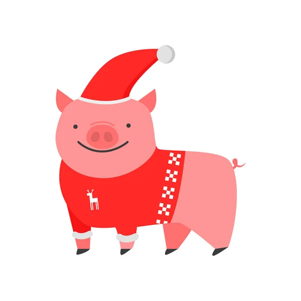 Dear kind pig the symbol of the new year. Piggy in a trendy New Year s sweater, cap and boots. — Stock Vector