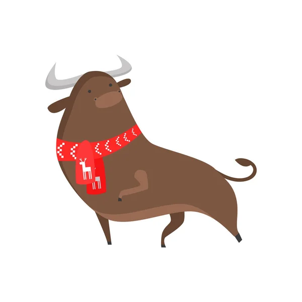 Bonito símbolo de toro bueno del año nuevo. Un toro en una bufanda de Año Nuevo de moda con cuernos grandes . — Vector de stock