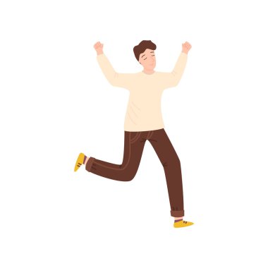 Mutluluk ve eğlenceli atlama Modern giyimleri genç güzel adam.