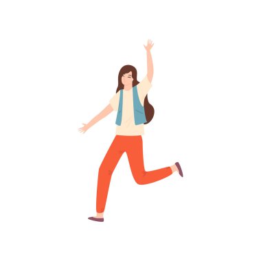 Mutluluk ve eğlenceli atlama moda giysiler içindeki genç güzel kız.