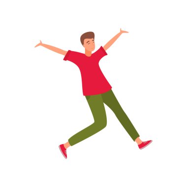 Mutluluk ve eğlenceli atlama Modern giyimleri genç güzel adam.