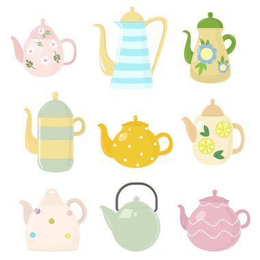Farklı şekiller, güzel boyalı mutfak su ısıtıcısı su ve çay demleme için kaynar su renkli kümesi. Vektör çizim beyaz farklı gıda ürünleri.