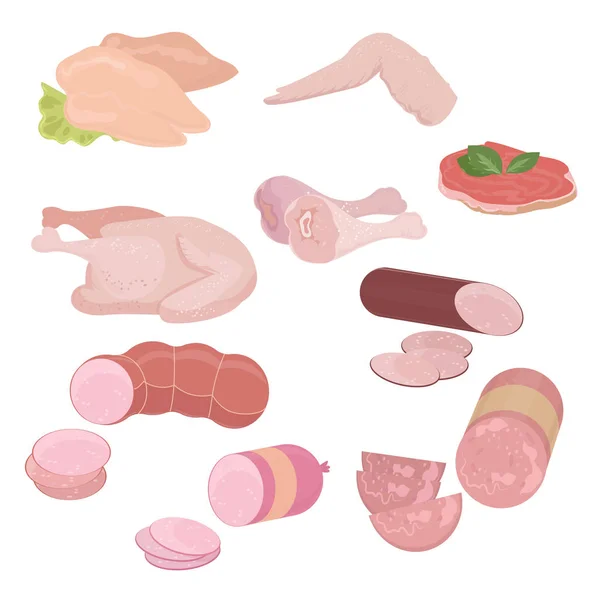 Σύνολο από διάφορα μέρη των προϊόντων κρέατος. Κοτόπουλο, λουκάνικα, λουκάνικα, μπέικον και άλλα. — Διανυσματικό Αρχείο