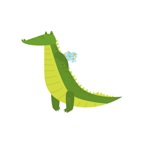 Junges grünes süßes fröhliches Krokodil verbringt seine Freizeit. — Stockvektor