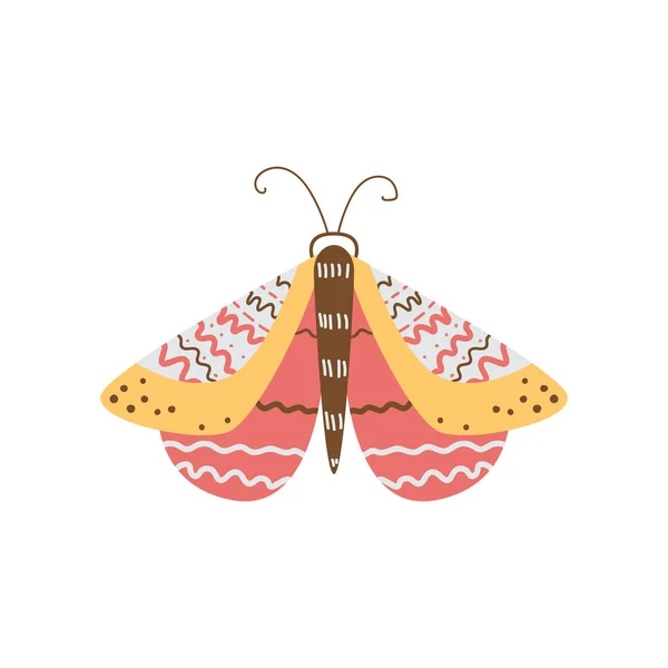 Schöner, mehrfarbiger Schmetterling mit ungewöhnlicher Form der Flügel und Mustern darauf. — Stockvektor
