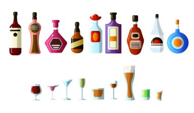 ollection farklı alkollü içeceklerin farklı şekiller gözlüklü şişelerde. Votka, şampanya, şarap, viski, bira, brendi, tekila, konyak, likör, vermut, cin, ROM, Pelin, sambuca