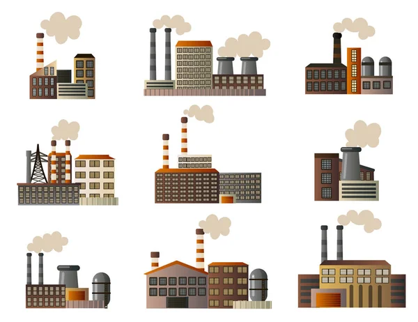 Set of buildings of an industrial manufactory. Different buildings of factories producing crude oil, gas and others. — Stock Vector