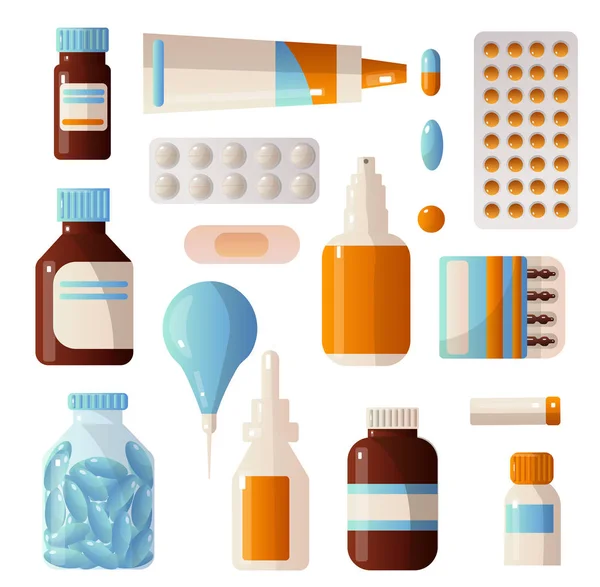 Conjuntos médicos de medicamentos que contienen varias píldoras, pociones, gotas, ampollas, vendajes, jeringas y otros . — Vector de stock
