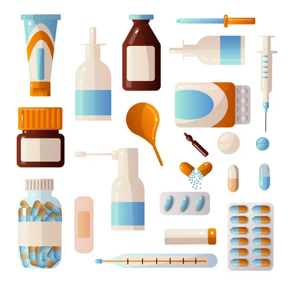 Conjuntos médicos de medicamentos que contienen varias píldoras, pociones, gotas, ampollas, vendajes, jeringas y otros . — Vector de stock