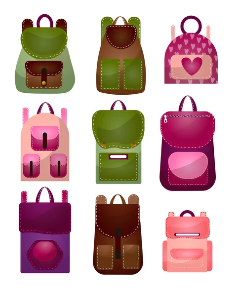 Набор современных модных рюкзаков для молодежи разных форм и цветов. Просторные рюкзаки . — стоковый вектор