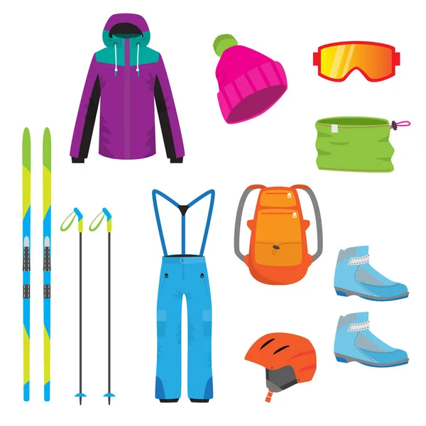 Σετ Χειμερινά Αξεσουάρ για ακραία σκι σπορ. Μπότες, πέδιλα του σκι, φωτογραφική μηχανή, κράνος, παντελόνι, γυαλιά, σακίδιο. — Διανυσματικό Αρχείο