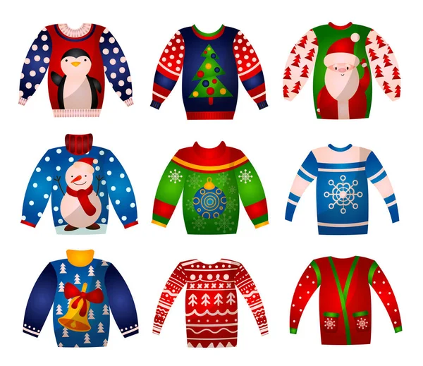 Conjunto vectorial de hermosos suéteres de Navidad lindos con decoraciones navideñas. Luces de invierno tejidas . — Vector de stock