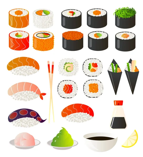 Διάνυσμα σύνολο σούσι και ρολά από φωτεινά χρώματα. Κινέζικο φαγητό. — Διανυσματικό Αρχείο