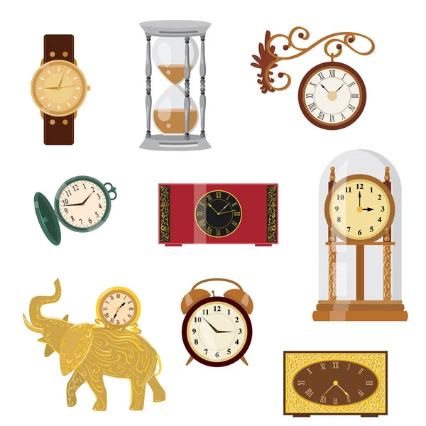 Set de relojes vintage hechos a mano en madera de diferentes colores y formas . — Archivo Imágenes Vectoriales