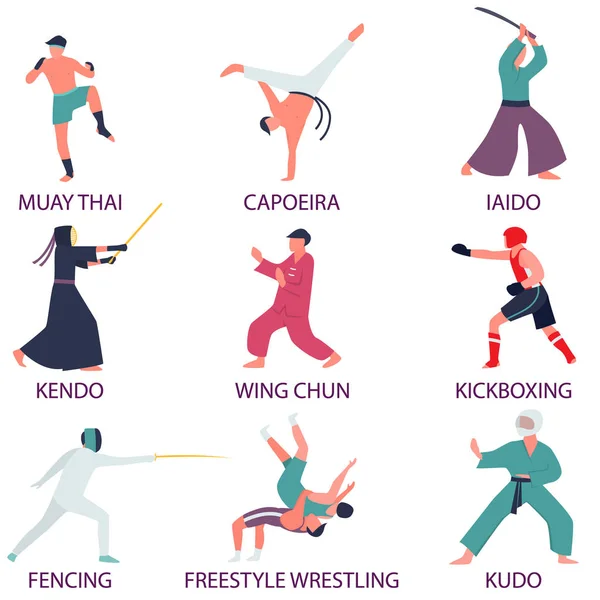 Het aantal strijders die zich bezighouden met martial arts. Strijders trein vechtsporten oefeningen. — Stockvector