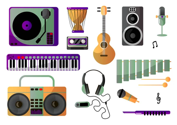 Conjunto de instrumentos musicales para tocar música y escuchar. Accesorios musicales . — Vector de stock