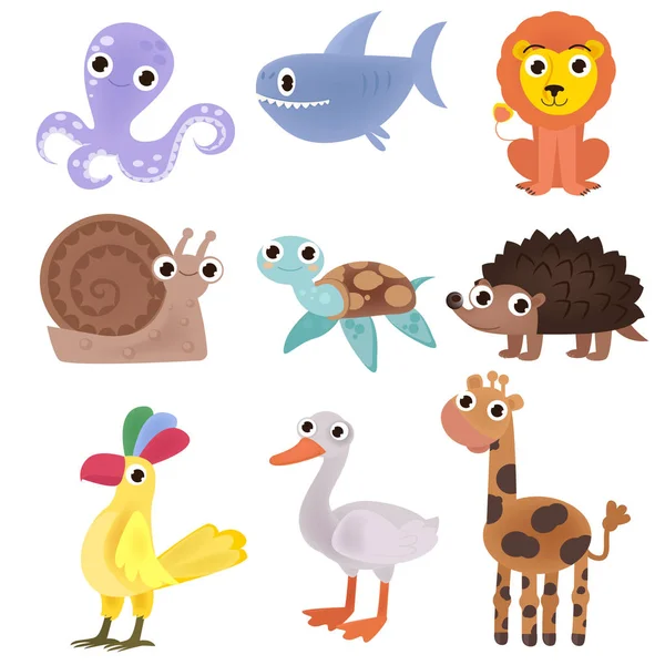 Set di immagini dei cartoni animati di animali. Una collezione di animali divertenti. Carino animali dei cartoni animati . — Vettoriale Stock