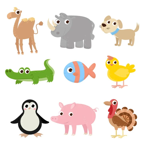 Набор карикатурных изображений животных. Коллекция забавных животных. Милые мультяшные животные . — стоковый вектор