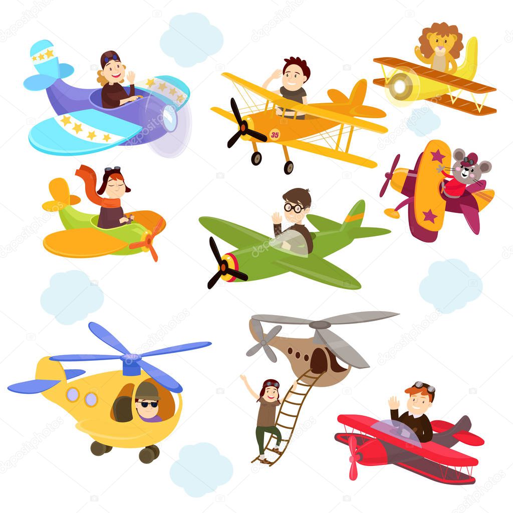 Set of funny cartoon planes with cute pilots.