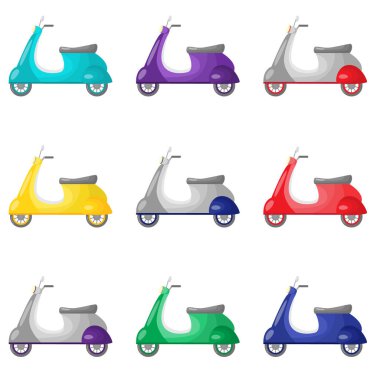 Güzel renkli iki tekerlekli scooter hareketi ve dağıtımı için hizmet kümesi.