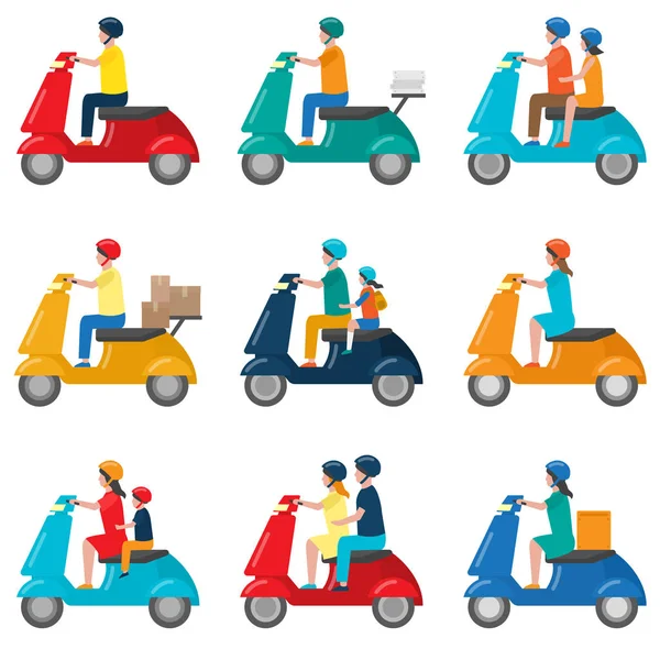 Güzel renkli iki tekerlekli scooter hareketi ve dağıtımı için hizmet kümesi. — Stok Vektör