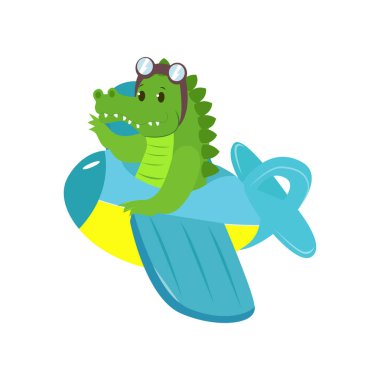 Cute cute animal crocodile flies on a funny plane.