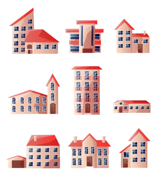 Bonitos brinquedos em cores agradáveis em casa. Casas bonitas com telhados vermelhos . — Vetor de Stock