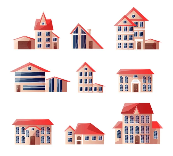 Lindos juguetes en colores agradables en casa. Hermosas casas con techos rojos . — Archivo Imágenes Vectoriales