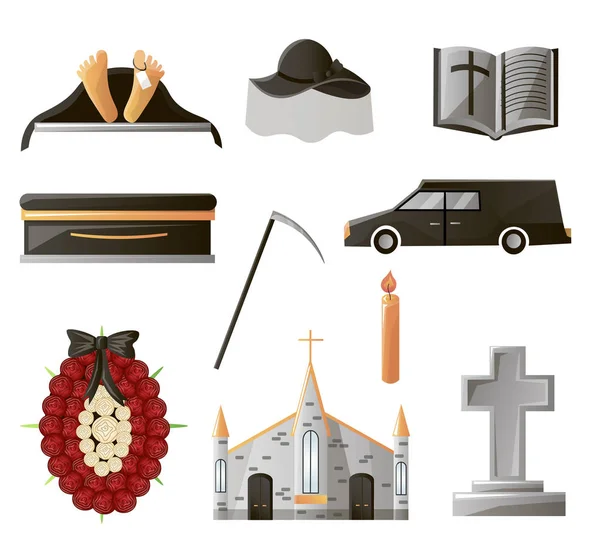 Conjunto de artículos usados en el funeral. Artículos que están asociados con la pólvora. Coffin, flores, lápida, paloma y otros . — Vector de stock
