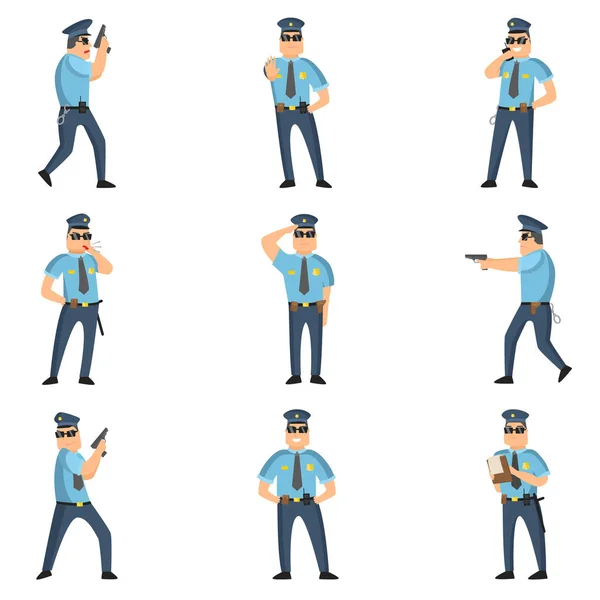 招募警察每天从事危险工作。一名警察在服役, 拿着枪, 穿着背心吹口哨, 戴着手铐. — 图库矢量图片