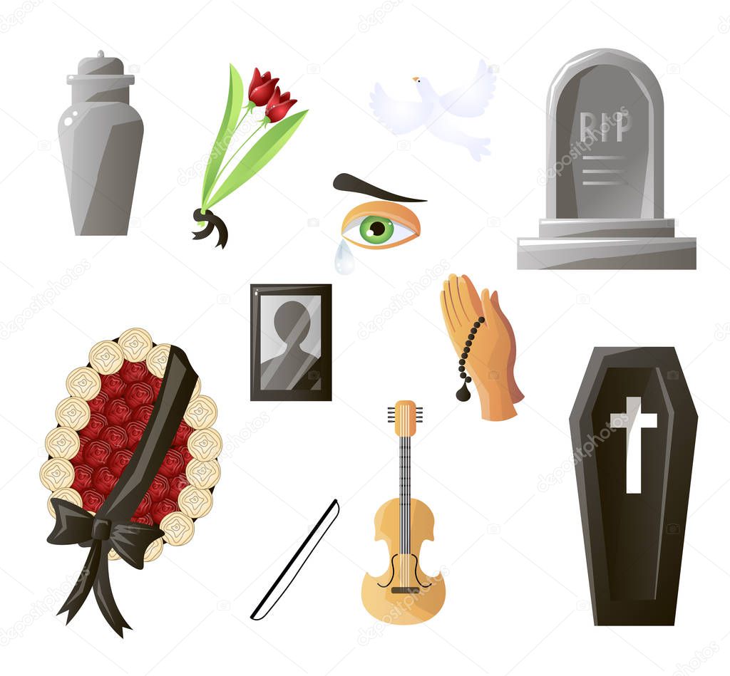 Set of items used at the funeral. Items that are associated with gunpowder. Coffin, flowers, gravestone, pigeon and others.