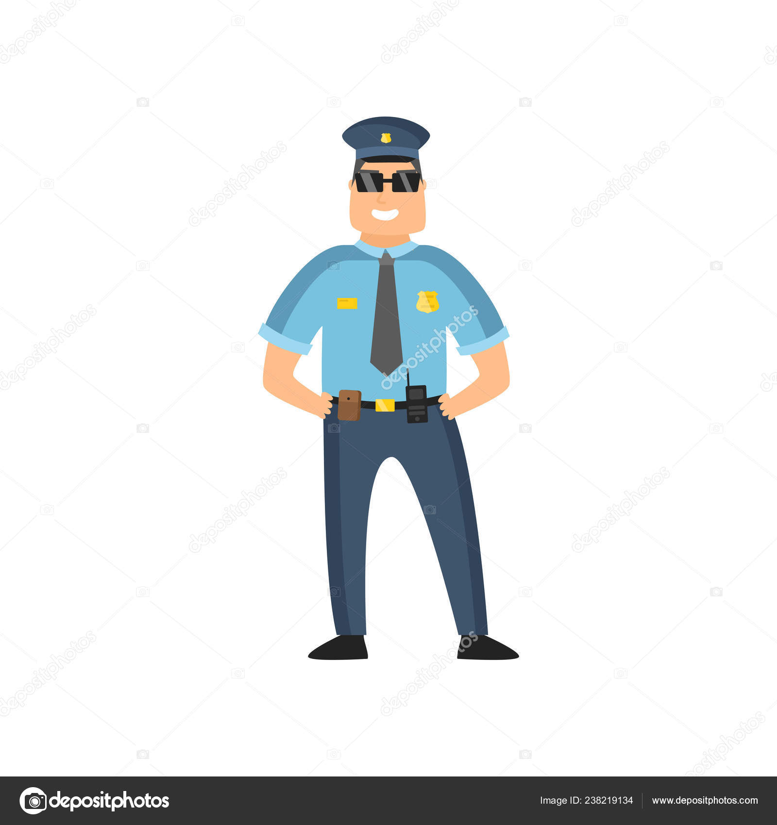 Policeman in blue uniform with a police badge in a cap and glasses performs  his daily work protecting people. Stock Vector Image by ©  #238219134