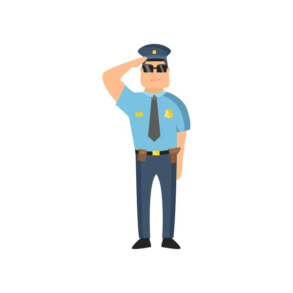 Politieman in blauw uniform met een politie badge in een dop en een bril voert zijn dagelijkse werk bescherming van mensen. — Stockvector