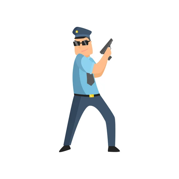Αστυνομικός με μπλε στολή με αστυνομικό σήμα σε καπάκι και γυαλιά εκτελεί την καθημερινή του εργασία προστατεύοντας τους ανθρώπους. — Διανυσματικό Αρχείο