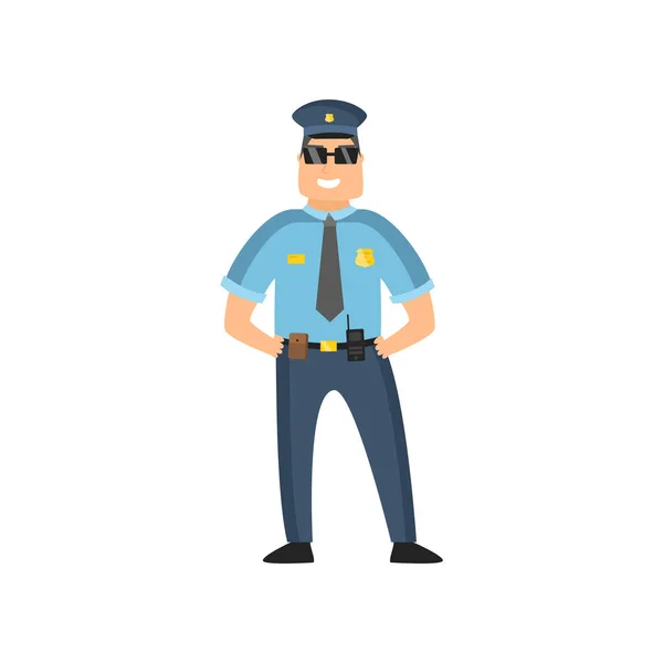 Policeman in blue uniform with a police badge in a cap and glasses performs his daily work protecting people. — Stock Vector