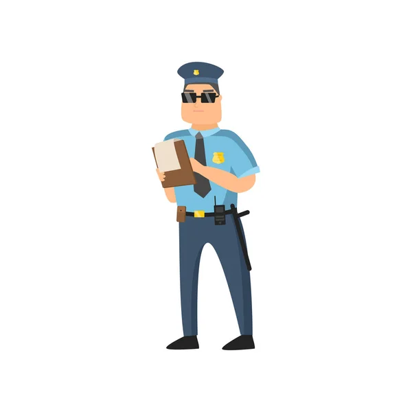 Полицейский в синей форме с полицейским значком в кепке и очках выполняет свою повседневную работу, защищая людей . — стоковый вектор