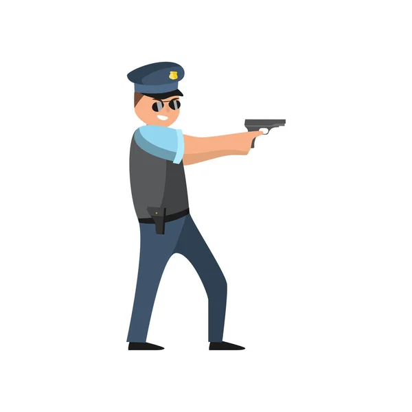 Policier en uniforme bleu avec un badge de police dans une casquette et des lunettes effectue son travail quotidien protéger les gens . — Image vectorielle