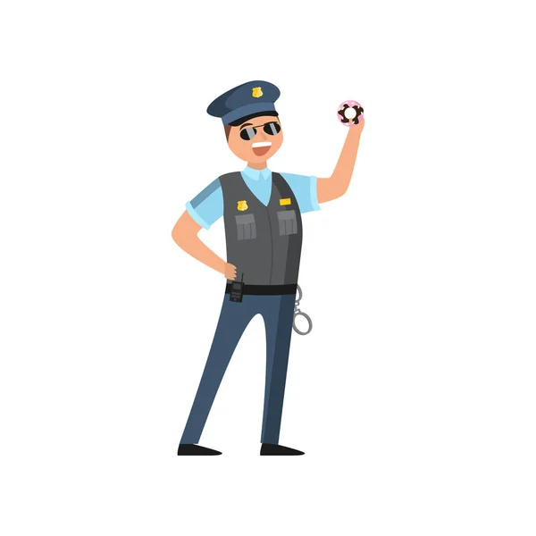 Politieman in blauw uniform met een politie badge in een dop en een bril voert zijn dagelijkse werk bescherming van mensen. — Stockvector