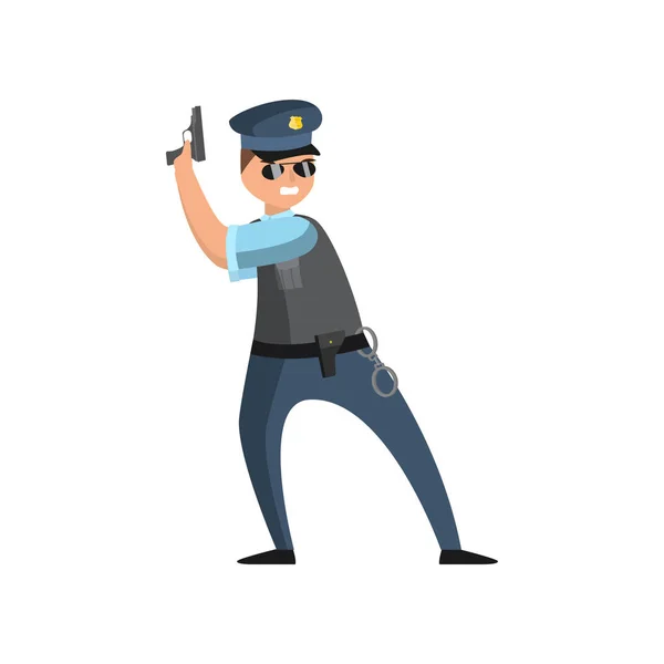 Policeman in blue uniform with a police badge in a cap and glasses performs his daily work protecting people. — Stock Vector