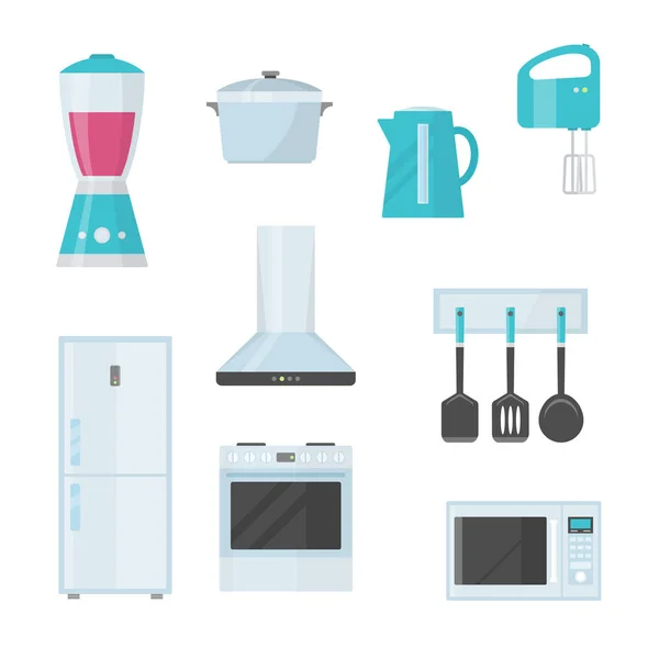 Utensili da cucina. Utensili da cucina, stoviglie, posate, bollitore, frigorifero per cucinare e conservare il cibo . — Vettoriale Stock