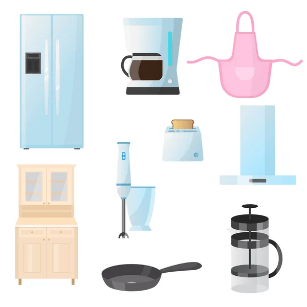 Kitchenware. Kitchenware, crockery, cutlery, kettle, fridge for cooking and storing food. — ストックベクタ