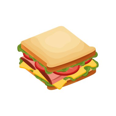 Delicious juicy sandwich with vegetables, cheese, meat, bacon, tomatoes and a crispy crust.