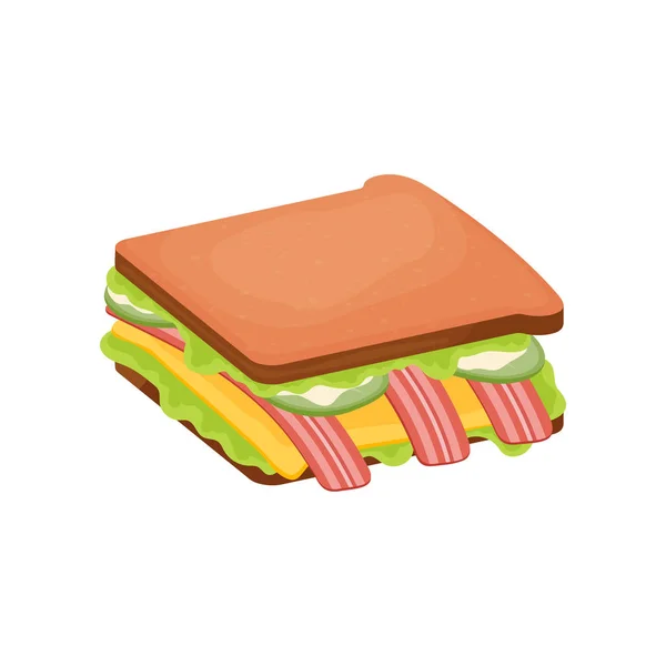 Delicioso sanduíche suculento com legumes, queijo, carne, bacon, tomate e crosta crocante . —  Vetores de Stock