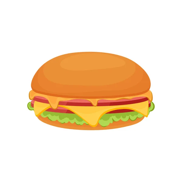 Delicioso sanduíche suculento com legumes, queijo, carne, bacon, tomate e crosta crocante . —  Vetores de Stock