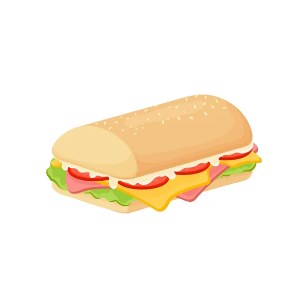 Delicioso sándwich jugoso con verduras, queso, carne, tocino, tomates y una corteza crujiente . — Vector de stock