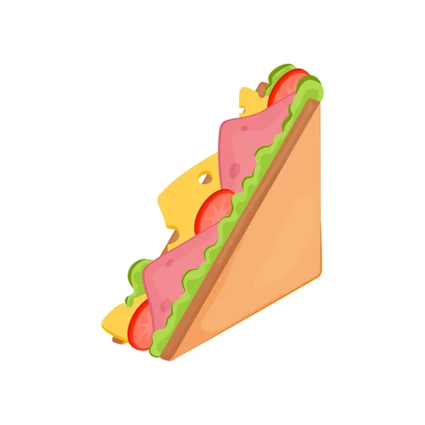 Delicious juicy sandwich with vegetables, cheese, meat, bacon, tomatoes and a crispy crust. — Stok Vektör