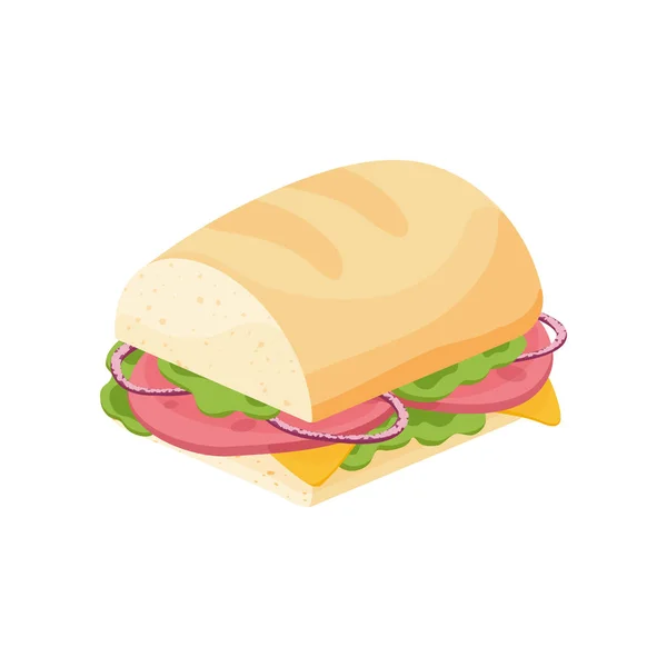 Смачний соковитий бутерброд з овочами, сиром, м'ясом, беконом, помідорами та хрусткою скоринкою . — стоковий вектор