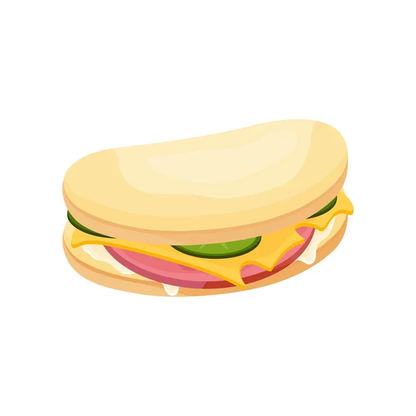 Delicioso sanduíche suculento com legumes, queijo, carne, bacon, tomate e crosta crocante . — Vetor de Stock