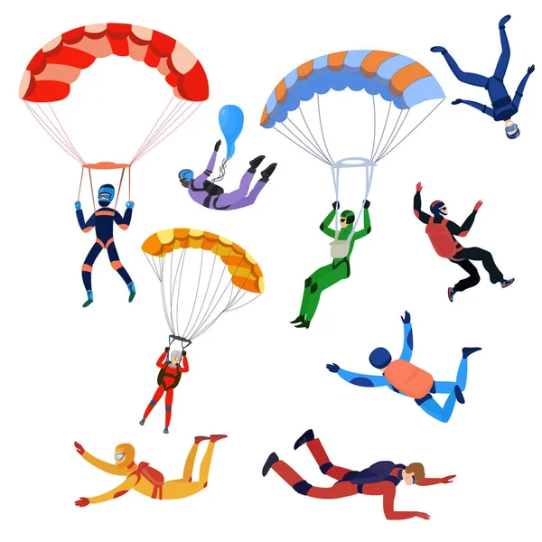 Set of parachutists involved in dangerous sports making jumps in the sky with a parachute. Extreme sport. — Stock Vector